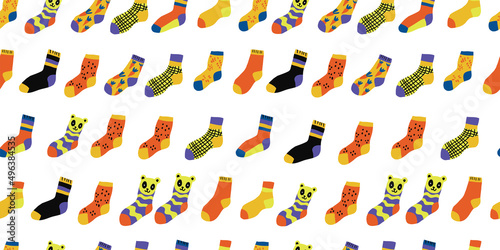 Stylish funny socks pattern with different textures, seamless background. Fun minimalistic pattern with clothes Print of trendy male and female legs in different colorful socks, vector illustration.