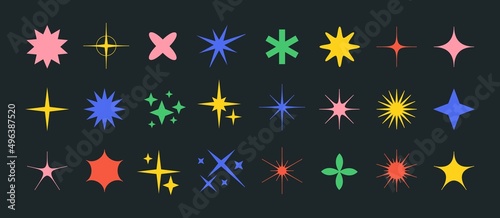 Brutalism star and flower shapes, flat minimalist stars icons. Modern abstract forms, trendy geometric graphic elements vector set