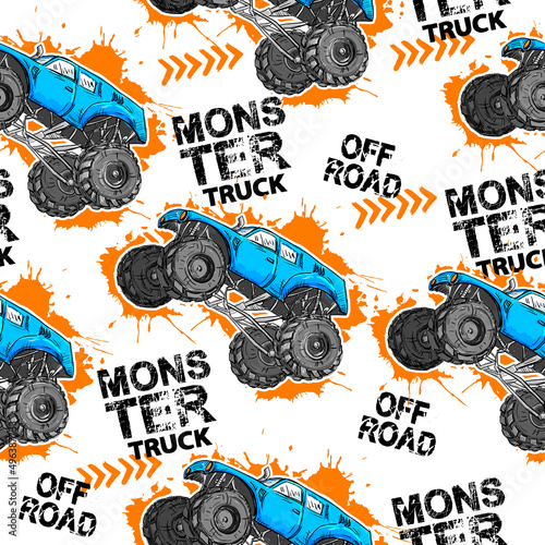 Abstract seamless grunge pattern for boy. Urban style modern background with Monster Truck car, trace of tire. Drive and speed modern creative wallpaper for guys. Extreme style