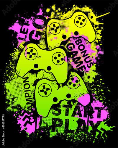 llustration print for t-shirt with game joystick. Vector illustration