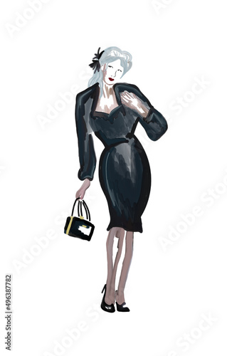 Digital art woman illustration. Watercolor technique. Woman in dress.