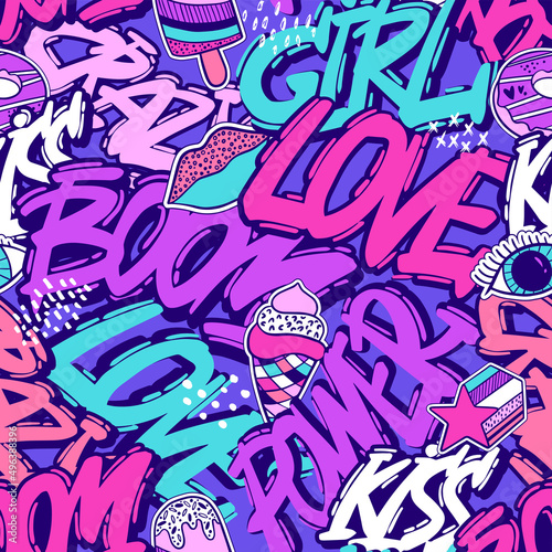 Abstract seamless chaotic pattern with urban elements, graffiti, words. Grunge neon texture background. Wallpaper for girls. Fashion teen style © artlavi_design