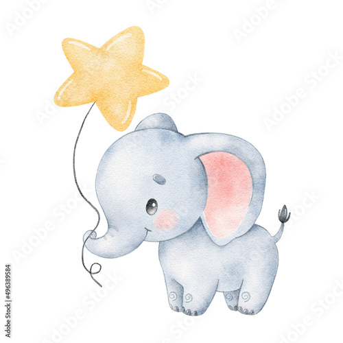 Watercolor illustration of a cute cartoon elephant. Cute tropica