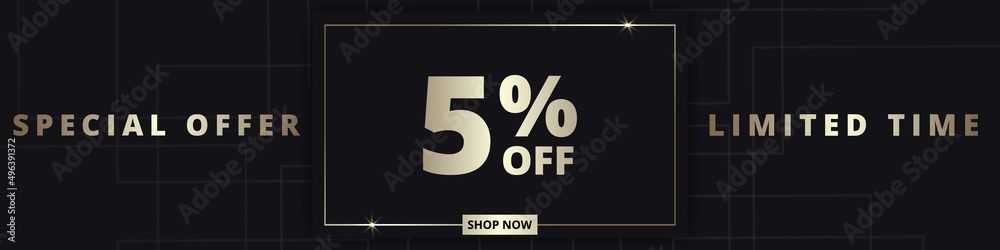 5 off sale banner. Special offer limited time 5 percent off. Sale discount offer. Luxury promotion banner with golden typography five percent discount on black background. Vector illustration 5 off sale banner. Special offer limited time 5 percent off. Sale discount offer. Luxury promotion banner with golden typography five percent discount on black background. Vector illustration