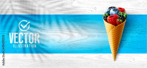 Vector realistic ice cream and fruits. Green tropical leaf shadow on white wood.