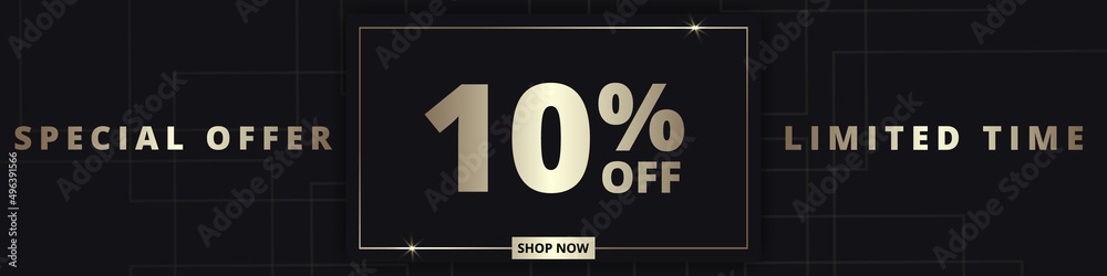 10 off sale banner. Special offer limited time 10 percent off. Sale discount offer. Luxury promotion banner with golden typography ten percent discount on black background. Vector illustration