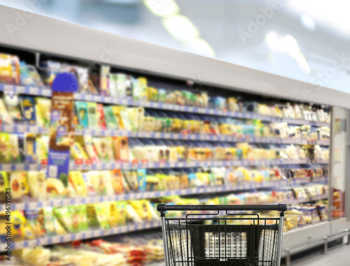 choosing a dairy products at supermarket.empty grocery cart in an empty supermarket