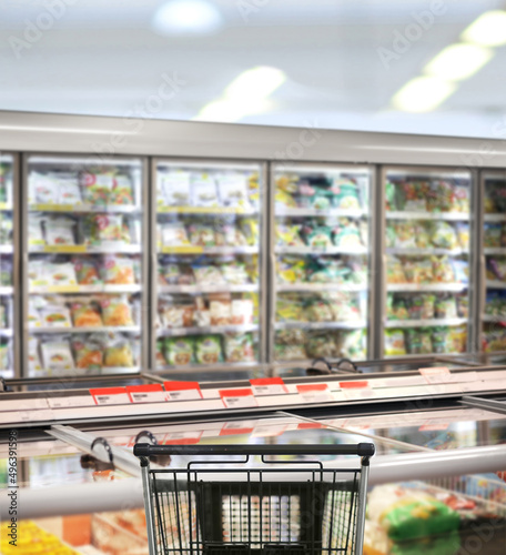 choosing a dairy products at supermarket.empty grocery cart in an empty supermarket