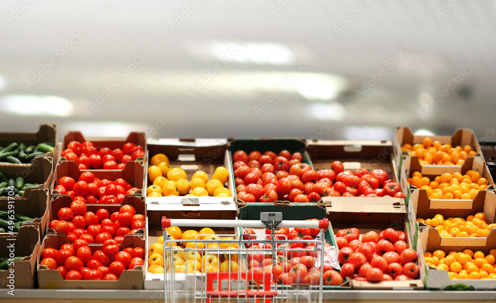 buying vegetables and fruits at the market.empty grocery cart in an empty supermarket buying vegetables and fruits at the market.empty grocery cart in an empty supermarket