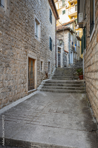 Narrow street of old town in Herzeg Novi, Montenegro