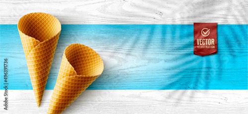 Vector realistic ice cream cone. Green tropical leaf shadow on white wood.