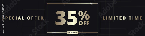 35 off sale banner. Special offer limited time 35 percent off. Sale discount offer. Luxury promotion banner with golden typography thirty five percent discount on black background. Vector illustration