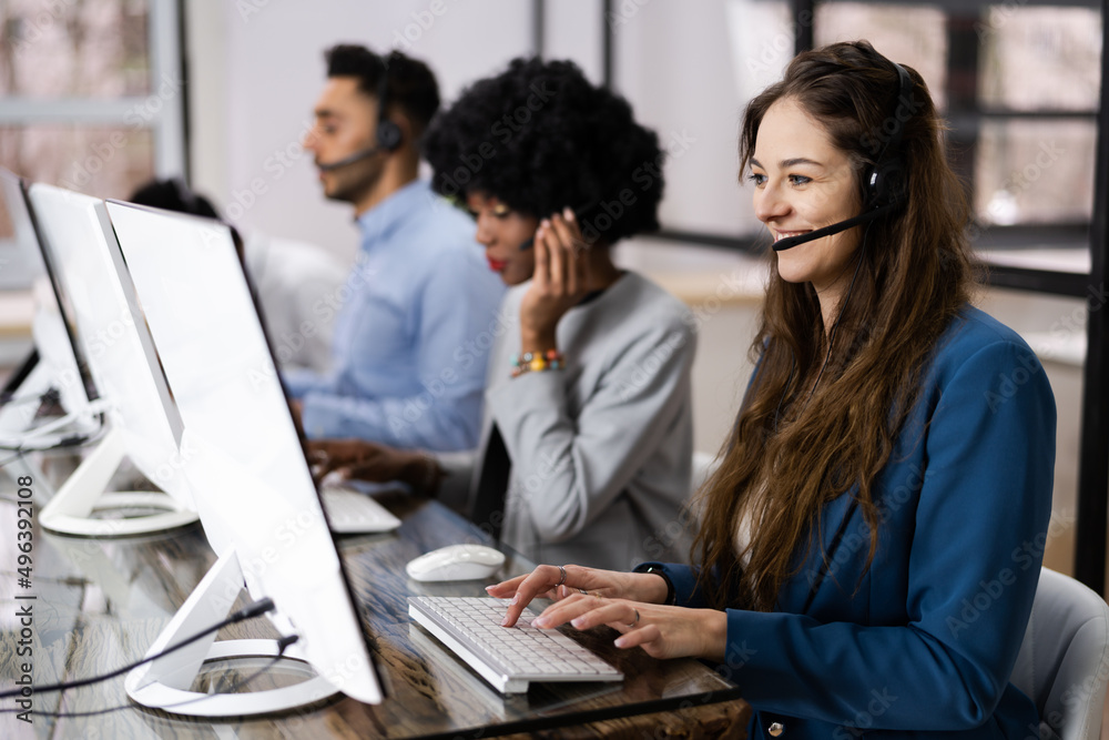 Positive Customer Services Agent With Headset Working Positive Customer Services Agent With Headset Working