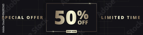 50 off sale banner. Special offer limited time 50 percent off. Sale discount offer. Luxury promotion banner with golden typography fifty percent discount on black background. Vector illustration