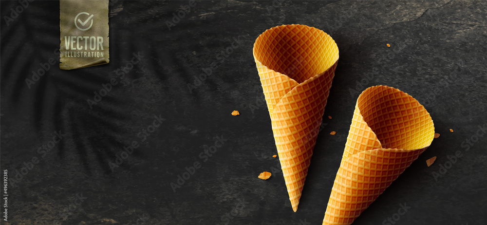 Vector realistic ice cream cone. Green tropical leaf shadow on dark