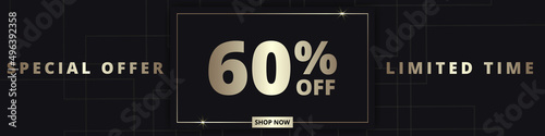 60 off sale banner. Special offer limited time 60 percent off. Sale discount offer. Luxury promotion banner with golden typography sixty percent discount on black background. Vector illustration