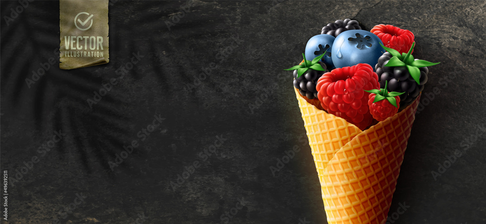 Vector realistic ice cream and fruits. Green tropical leaf shadow on dark background.