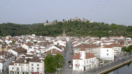 Tomar city drone aerial view with nabao river and christ convent, in Portugal photo