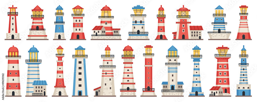 Cartoon lighthouse vector set. Red and blue sea guiding light houses ...