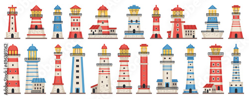 Cartoon lighthouse vector set. Red and blue sea guiding light houses buildings. Searchlight towers of different types in flat design. Searchlight guide, navigation lighthouse safety