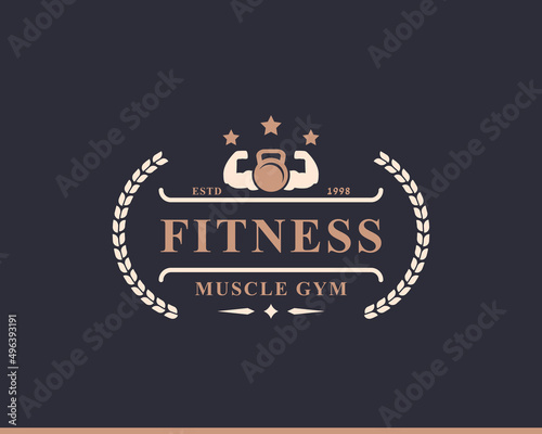 Vintage Retro Badge Fitness Center and Sport Gym Logos typographic with Sport Equipment Signs and Silhouettes