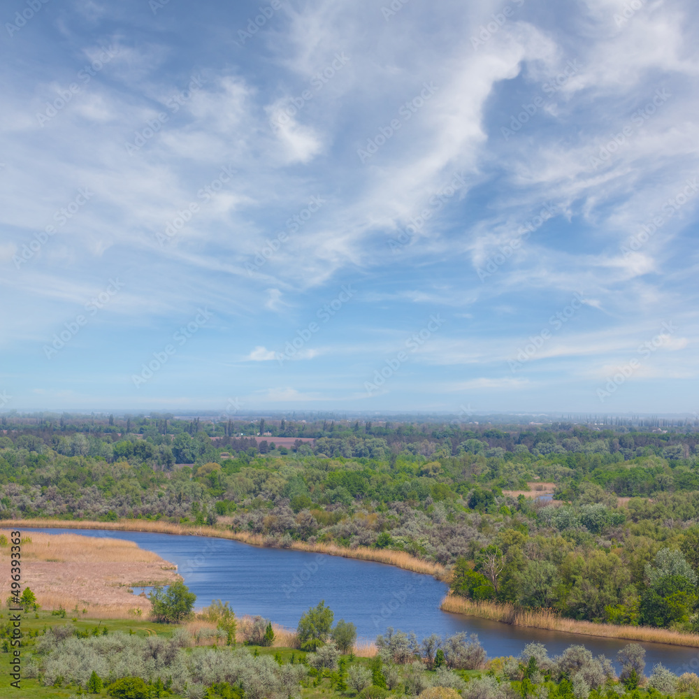 Obraz premium view ftom above to quiet river flow through a forest, summer natural countryside scene