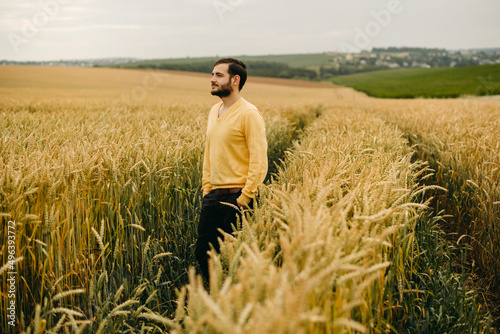 The beautiful bearded man in yellow sweater walking in big field of wheat. Farming, business, young people. Alone, ripe, food, bread.