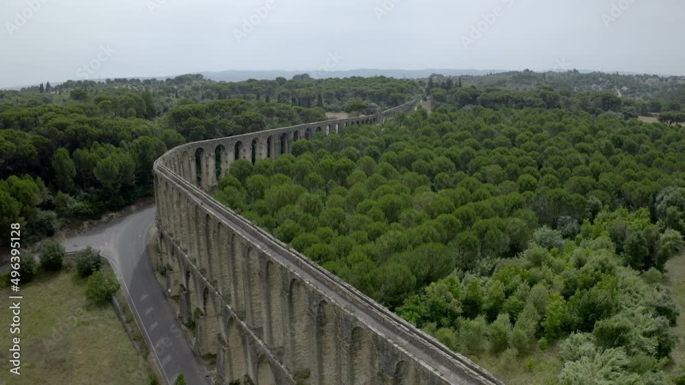 Tomar aqueduct of Pegoes Convent of Christ drone aerial view, in Portugal Tomar aqueduct of Pegoes Convent of Christ drone aerial view, in Portugal