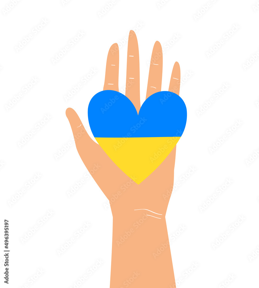 Obraz premium Vector illustration of human hand holding Blue and Yellow heart shaped flag of Ukraine. Stop War concept isolated on white background.