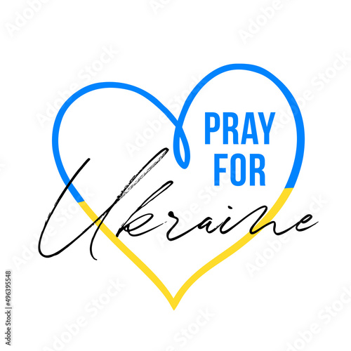 Vector illustration with Blue and Yellow love heart shape with Pray for peace in Ukraine concept. Ukrainian flag isolated on white background. Stop War.