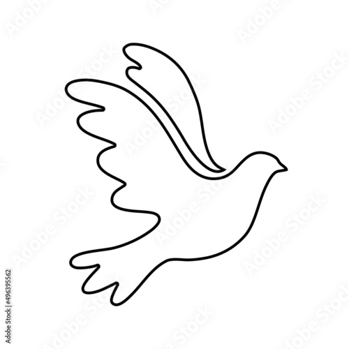 Vector illustration of black flying bird dove as a symbol of peace isolated on white background. Lined style icon