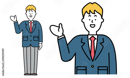 手をかざしている制服を着た男子高校生の全身イラスト素材。