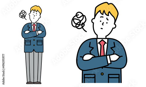 腕組みして悩んでいる制服を着た男子高校生の全身イラスト素材。
