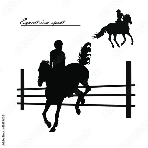 a set of silhouettes. a rider jumping over an obstacle on a horse, isolated images, a black silhouette on a white background. 