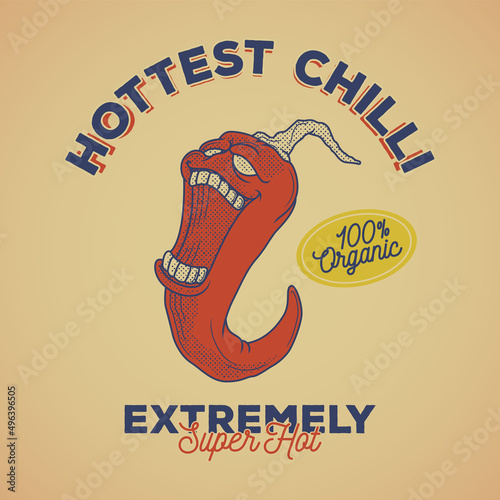 Retro emblem of fierce faced cartoon chilli 