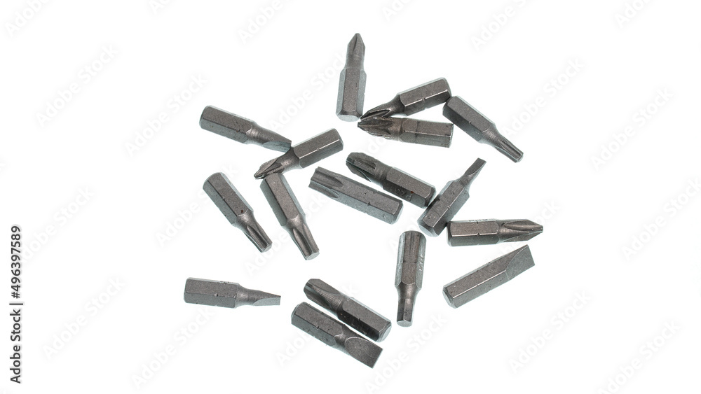 screwdriver set. a lot of screwdriver bits on a white background screwdriver set. a lot of screwdriver bits on a white background