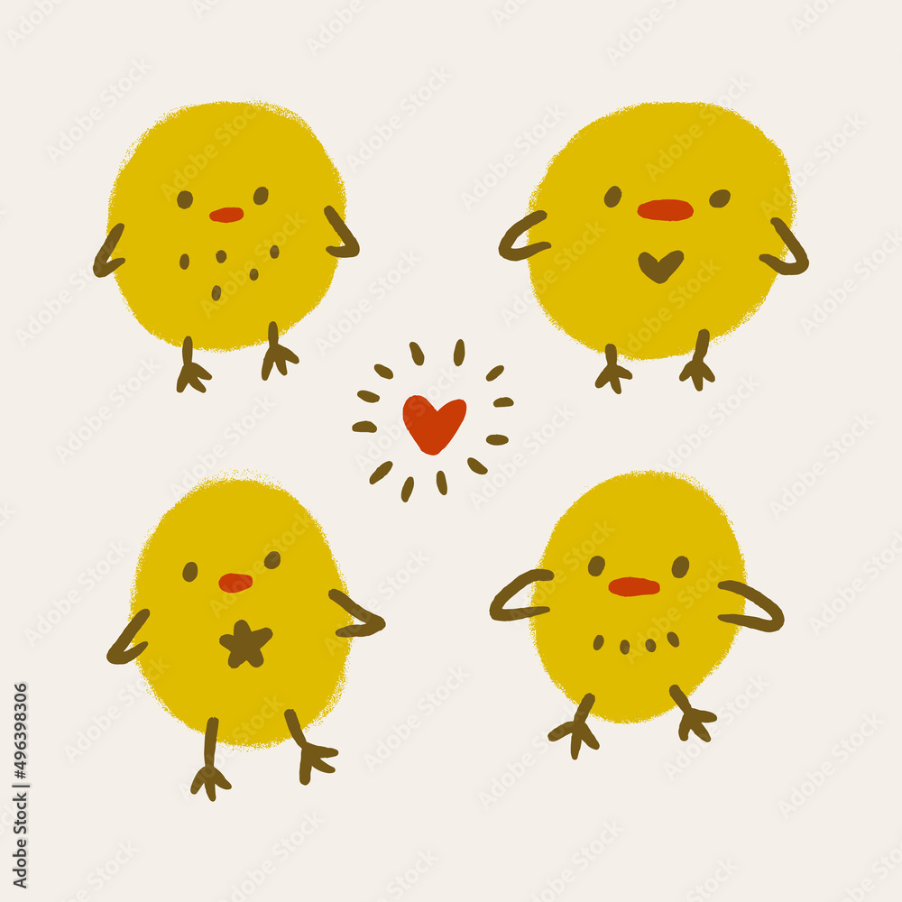 Cute Easter friendly baby chicken bird spring illustration in kawaii style