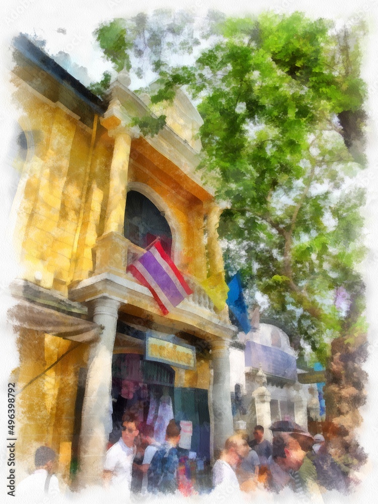 Landscape of streets and ancient buildings around the Grand Palace of Bangkok watercolor style illustration impressionist painting. Landscape of streets and ancient buildings around the Grand Palace of Bangkok watercolor style illustration impressionist painting.