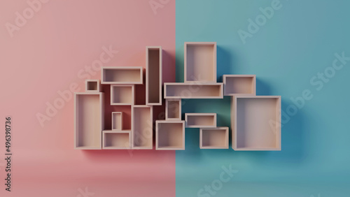 Minimalistic cubes with blue and pick background. 3D render, isolated shapes, abstract design.