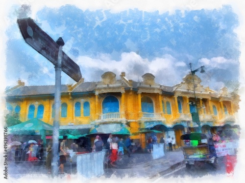 Landscape of streets and ancient buildings around the Grand Palace of Bangkok watercolor style illustration impressionist painting. © Kittipong