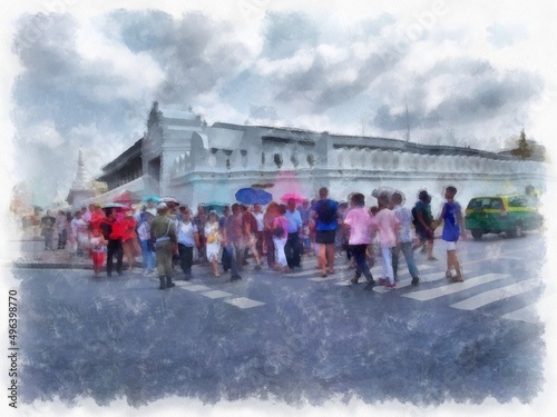 Landscape of streets and ancient buildings around the Grand Palace of Bangkok watercolor style illustration impressionist painting.