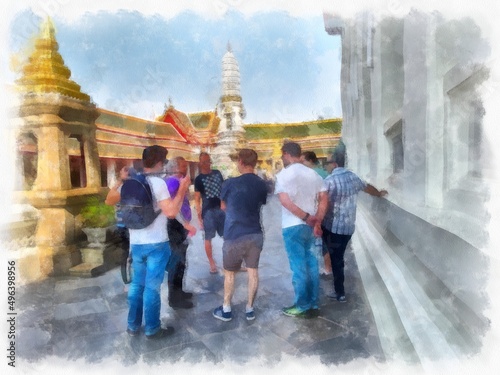 Landscape of Wat Pho in Bangkok Thailand watercolor style illustration impressionist painting. photo