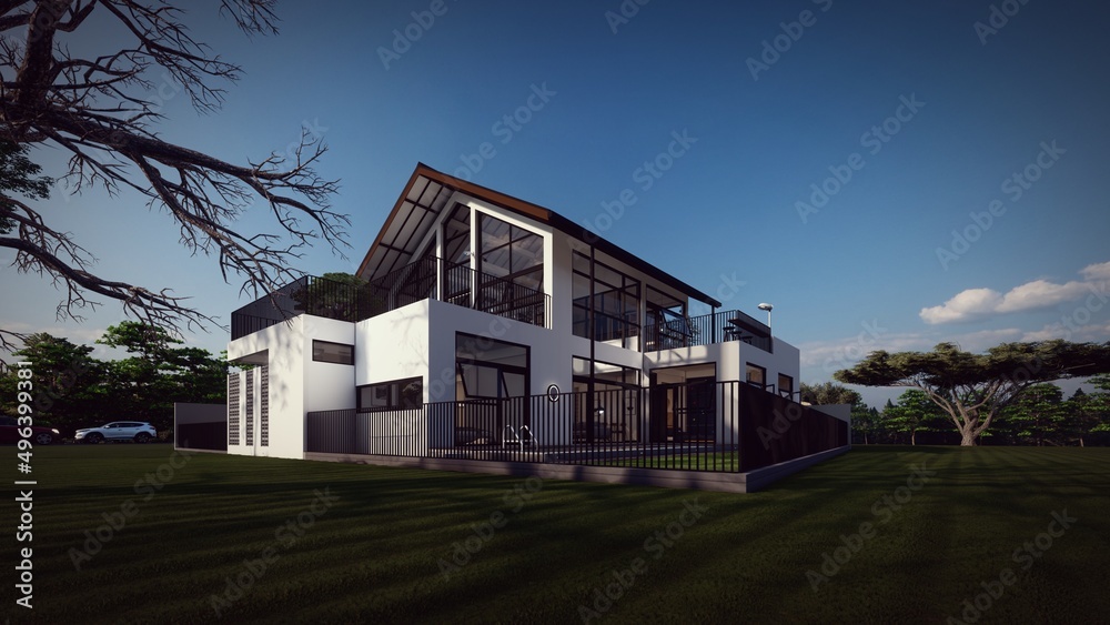 back perspective modern tropical house 3d illustration back perspective modern tropical house 3d illustration