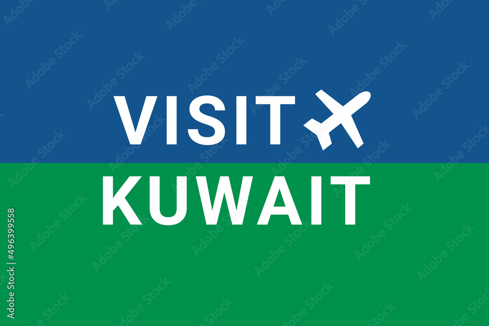 Visit Kuwait . Visit Logo Kuwait and plane. Air flight to Kuwait , capital Kuwait . Text on blue-green background. Buying air ticket Visit Kuwait . Visit Logo Kuwait and plane. Air flight to Kuwait , capital Kuwait . Text on blue-green background. Buying air ticket