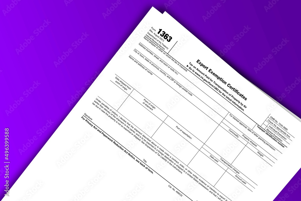 Form 1363 documentation published IRS USA 44418. American tax document on colored Form 1363 documentation published IRS USA 44418. American tax document on colored