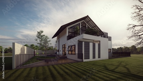 persepective modern tropical house 3d illustration