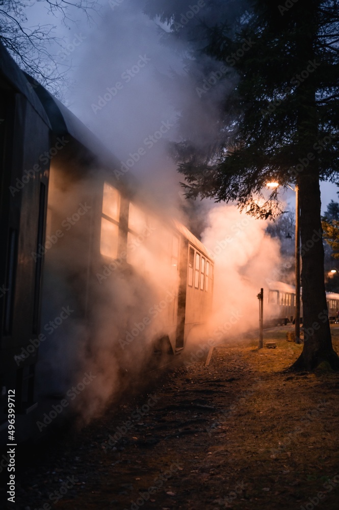 Eisenbahnwaggons in Dampf gehüllt bei Dunkelheit