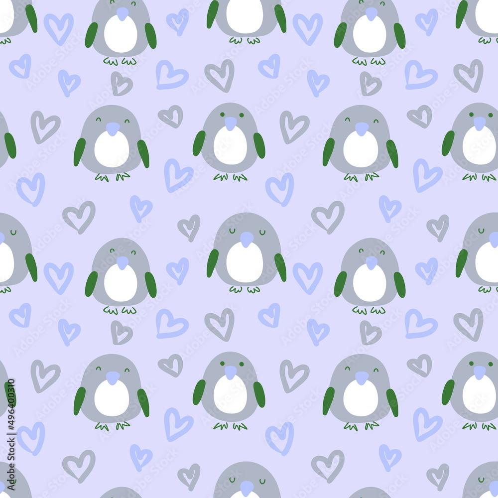 Delicate romantic seamless pattern with penguins and hearts. Perfect for T-shirt, textile and print. Doodle style illustration for decor and design.