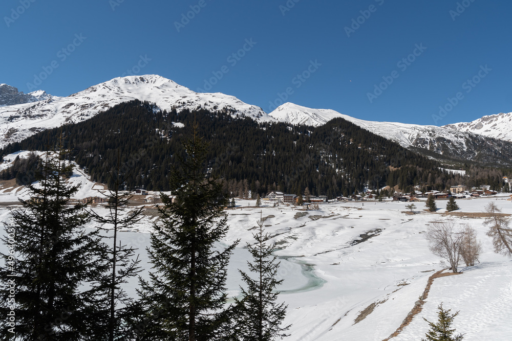 View over the frozen lake in Davos in Switzerland