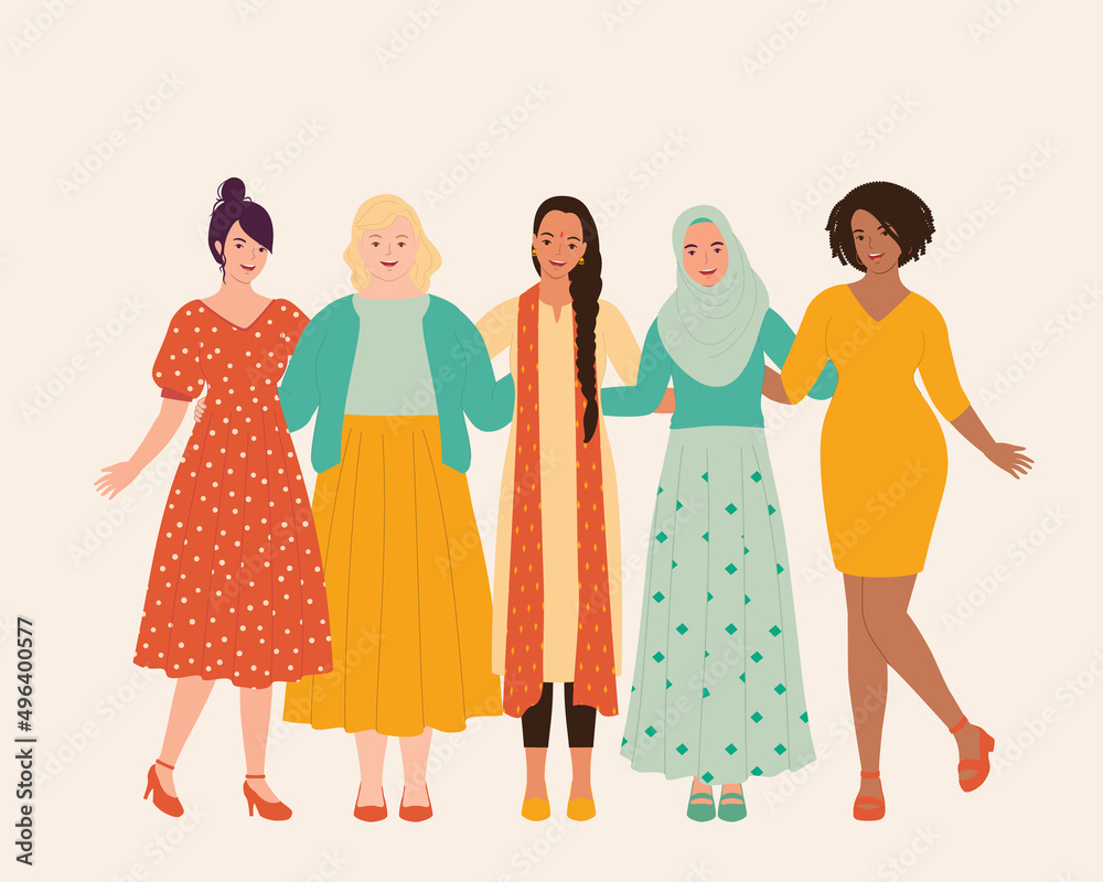 Group Of Diverse Happy Women With Arm Around Hugging With Each Other. International Women’s Day. Group Of Diverse Happy Women With Arm Around Hugging With Each Other. International Women’s Day.